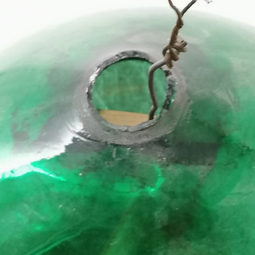 579 - Antique green mercury glass witches ball - approx 20cm diameter & missing cowling / mount otherwise ... 