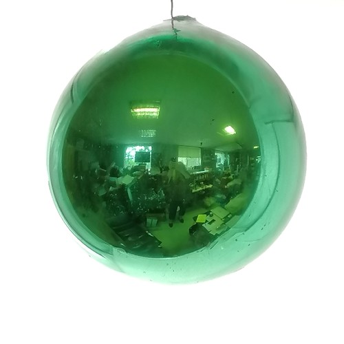 579 - Antique green mercury glass witches ball - approx 20cm diameter & missing cowling / mount otherwise ... 