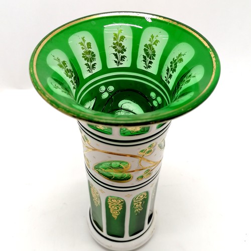 1 - Antique Bohemian green glass vase with white overlaid enamel decoration & gilding detail to panels -... 