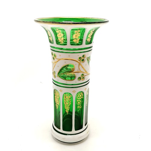 1 - Antique Bohemian green glass vase with white overlaid enamel decoration & gilding detail to panels -... 