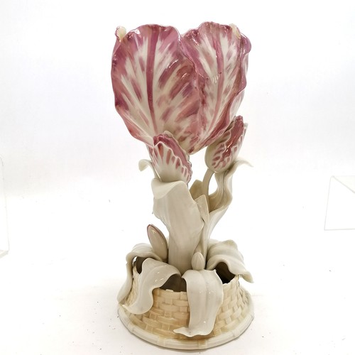 7 - Belleek tulip vase / table centre - 33cm high ~ has restoration to 1 petal & chip to 3 leaves & tip ... 