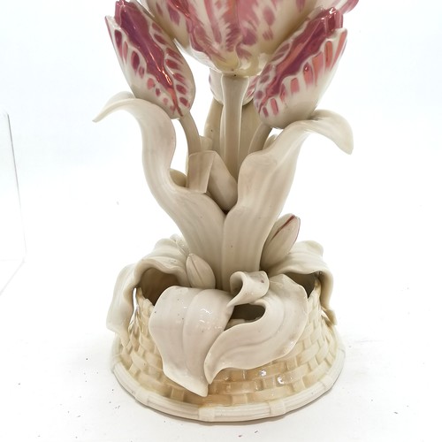 7 - Belleek tulip vase / table centre - 33cm high ~ has restoration to 1 petal & chip to 3 leaves & tip ... 