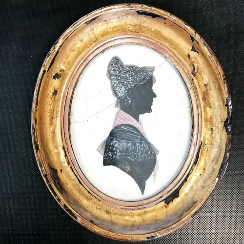 21 - Antique framed watercolour of a lady with a bonnet (14cm x 12cm - has damage to frame + discolourati... 