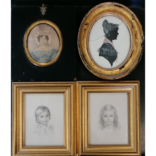 21 - Antique framed watercolour of a lady with a bonnet (14cm x 12cm - has damage to frame + discolourati... 