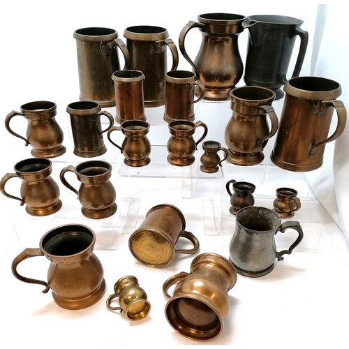 25 - Collection (22) of antique bronze measures inc pint, quart, ½ gill etc + pewter tankard & quart meas... 