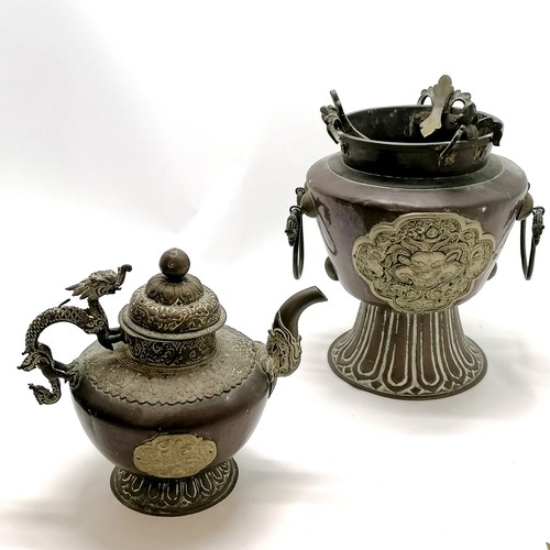 26 - 19th century sino-tibetan / chinese kettle on brazier stand with dragon handle detail to pot - 54cm ... 