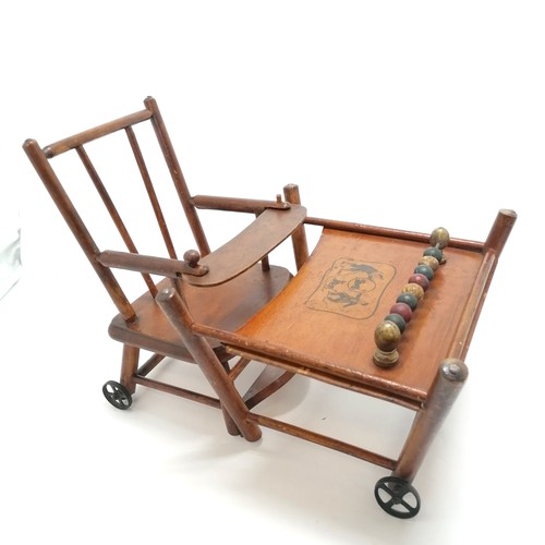 27 - Antique dolls / teddy bear metamorphic high chair with cast metal wheels (inc hand made teddy bear) ... 