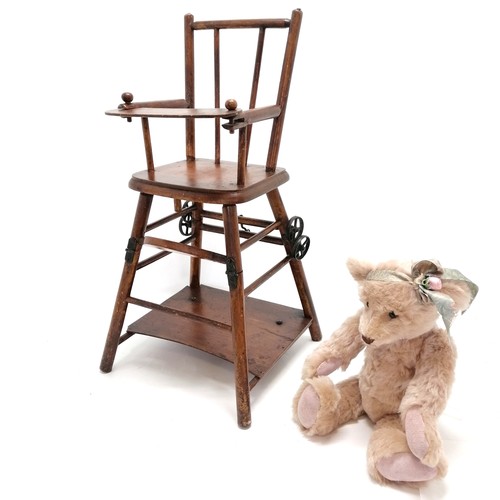 27 - Antique dolls / teddy bear metamorphic high chair with cast metal wheels (inc hand made teddy bear) ... 