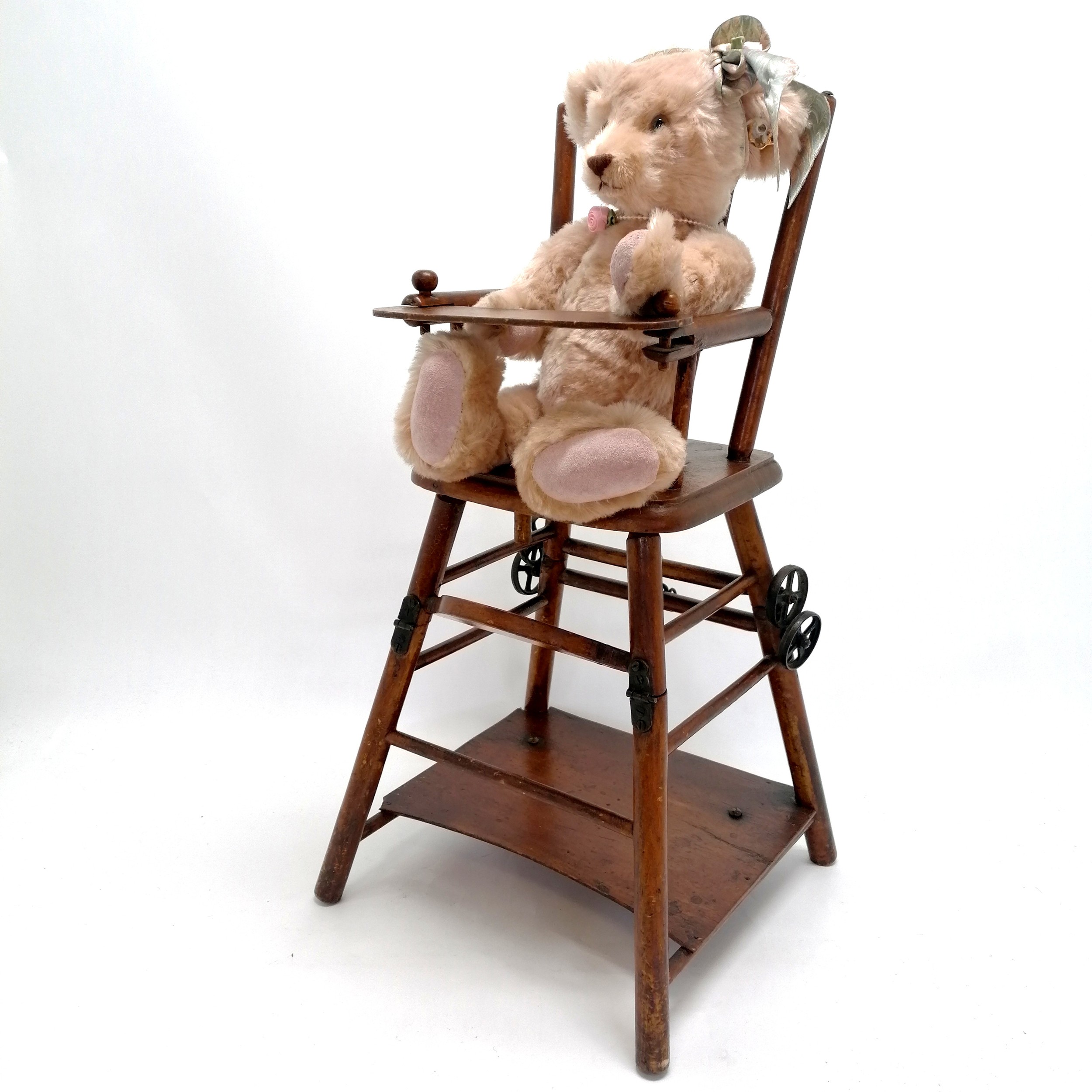 Antique dolls teddy bear metamorphic high chair with cast metal