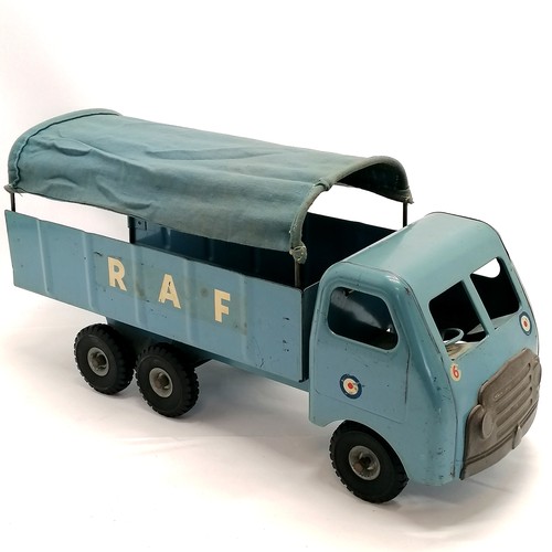 28 - Lines Bros Ltd tinplate RAF lorry with canvas cover to back - 46cm long x 22cm high ~ in bright cond... 