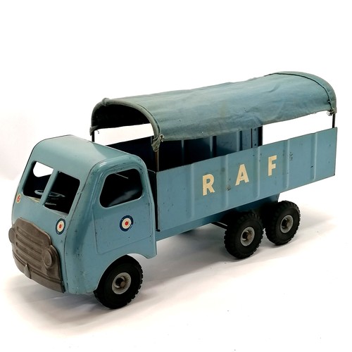 28 - Lines Bros Ltd tinplate RAF lorry with canvas cover to back - 46cm long x 22cm high ~ in bright cond... 