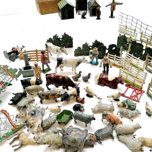 31 - Qty of mostly lead / metal farmyard animals, fences, chicken coops, haystack, scarecrow etc t/w qty ... 