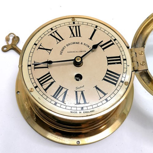 58 - Henry Browne & Son Ltd brass vintage ships clock (with key & running) - 19cm diameter