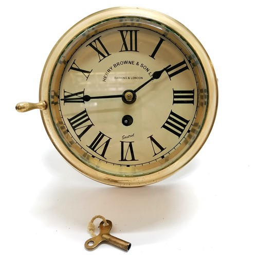 58 - Henry Browne & Son Ltd brass vintage ships clock (with key & running) - 19cm diameter