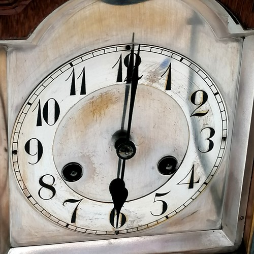 61 - Antique oak cased mantle clock with gong strike & bevel glass door to front & brass fittings & origi... 