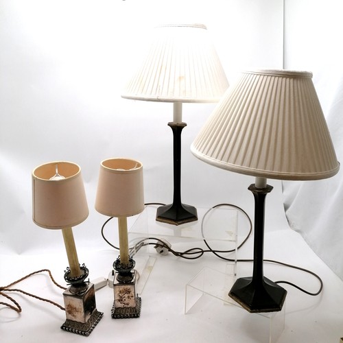 72 - 2 pairs of lamps - tallest to top of shade (55cm) - smaller pair are converted silver plated oil lam... 