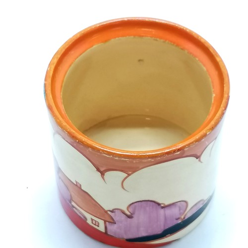 91 - Clarice Cliff c.1932 Fantasque Bizarre 'Autumn' pattern jam pot with associated lid - 9cm high & 7.5... 