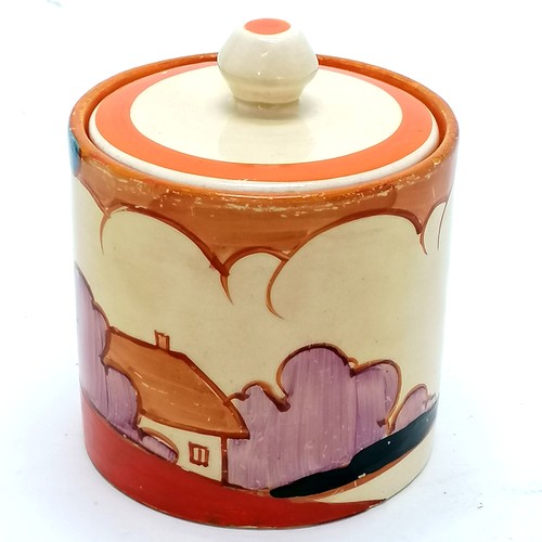 91 - Clarice Cliff c.1932 Fantasque Bizarre 'Autumn' pattern jam pot with associated lid - 9cm high & 7.5... 