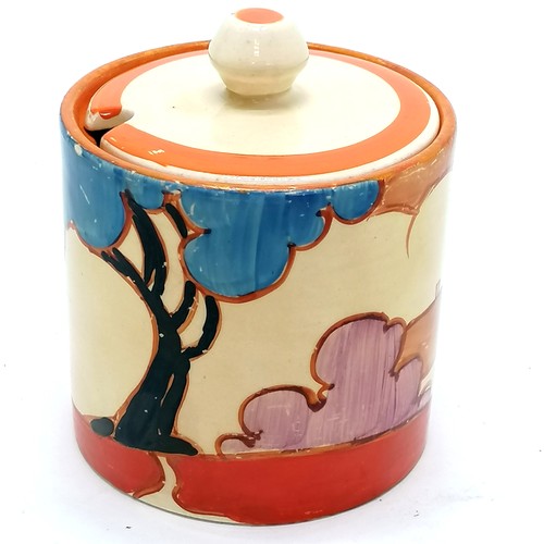 91 - Clarice Cliff c.1932 Fantasque Bizarre 'Autumn' pattern jam pot with associated lid - 9cm high & 7.5... 