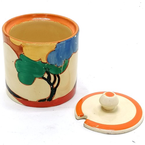 91 - Clarice Cliff c.1932 Fantasque Bizarre 'Autumn' pattern jam pot with associated lid - 9cm high & 7.5... 