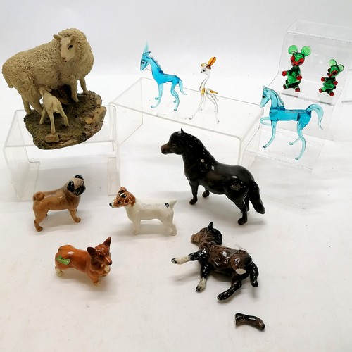 119 - Beswick dogs, pony (chipped ear) t/w Aynsley sheep & glass animals + 1 damaged pony