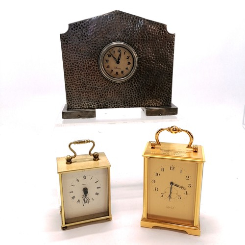 120 - Pewter cased mantle clock (17cm high) t/w 2 carriage clocks (1 with dedication) - for spares / repai... 