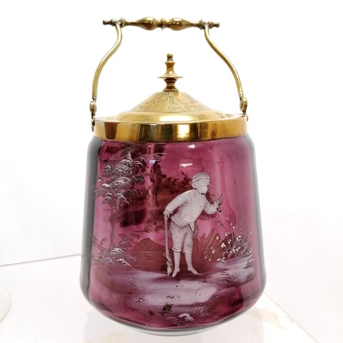 121 - Purple grounded Mary Gregory glass biscuit barrel (some rubbing to enamel decoration but otherwise i... 