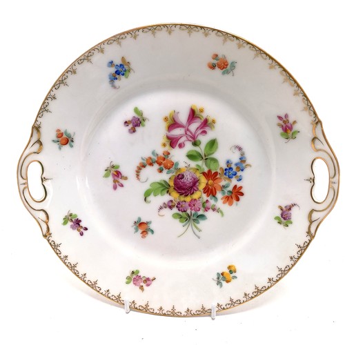 131 - 2 x Dresden cake plates with hand painted flower decoration & gilding - 26cm across & in good used d... 