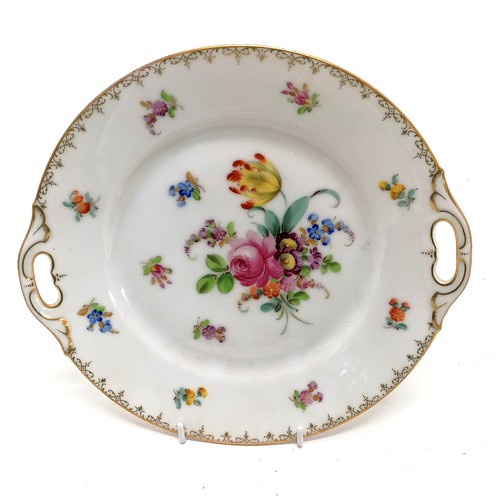 131 - 2 x Dresden cake plates with hand painted flower decoration & gilding - 26cm across & in good used d... 