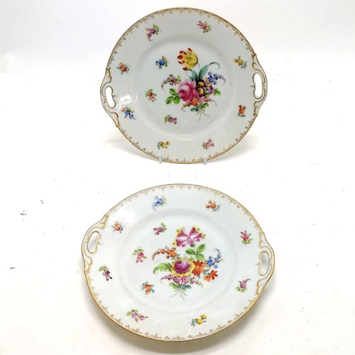 131 - 2 x Dresden cake plates with hand painted flower decoration & gilding - 26cm across & in good used d... 