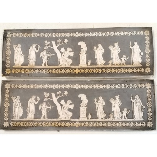 136 - Pair of tiles as classical panels with applied decoration with a grey background - possibly from a f... 