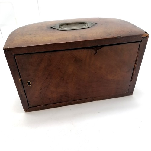 144 - Antique mahogany cigarette cabinet, some losses to veneer and lacking key 28x16x17 cm high