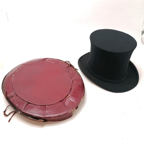 145 - Antique folding top hat in its original box, 2 areas of moth on the underside to brim to hat and dam... 