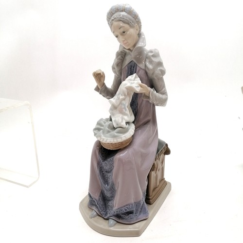 147 - 3 x Lladro figurines - 2 ladies sewing (tallest 30cm high & 22cm deep) + a lady with a sheep ~ no ob... 