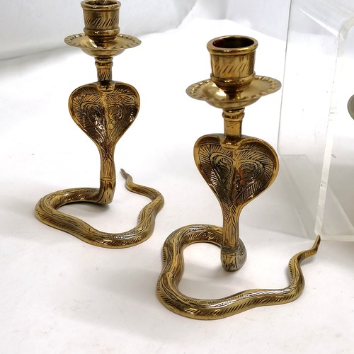 153 - Qty of brassware inc pair of Indian cobra candlesticks (15cm high), qty of bells, Indian tray etc