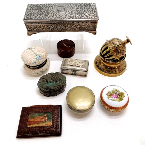 156 - Qty of mostly boxes inc hand carved wooden, silver plated jewellery box (22cm x 9cm x 5.5cm) etc