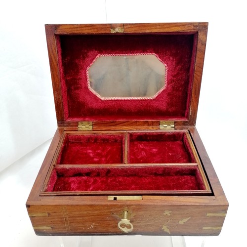 158 - 3 x wooden boxes inc antique brass mounted, Indian brass inlaid jewellery box- largest 42cm x 19cm x... 