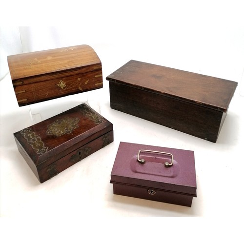 158 - 3 x wooden boxes inc antique brass mounted, Indian brass inlaid jewellery box- largest 42cm x 19cm x... 