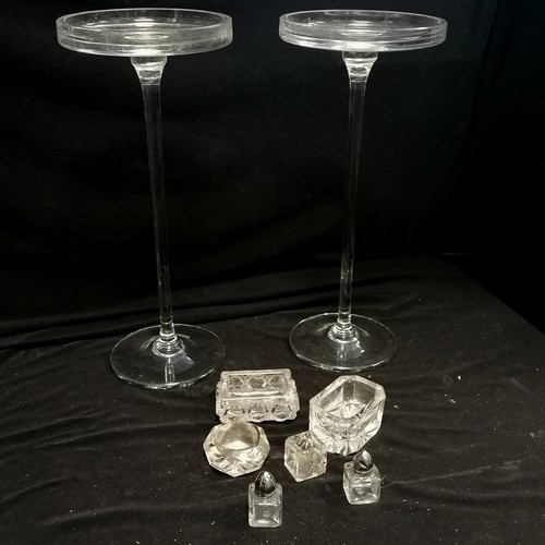 166 - Pair of tall glass display stands (40cm) t/w small qty of salts / peppers (all a/f)