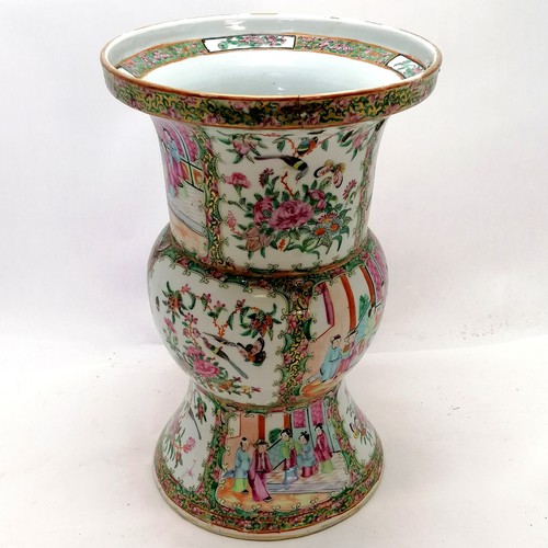 183 - Large Chinese canton antique gu-form vase decorated with figures - 40cm high ~ has old rivet repair ... 