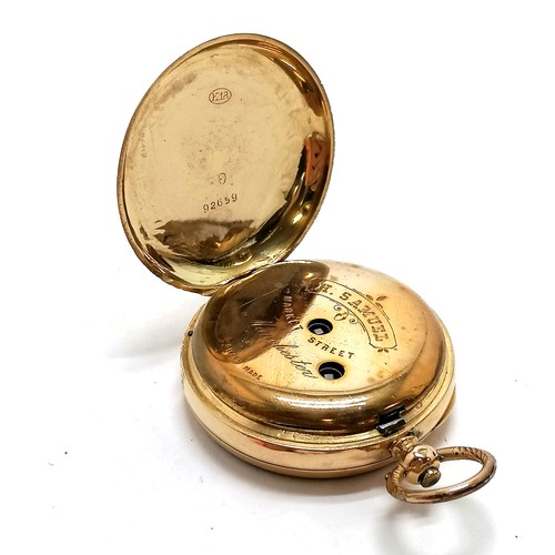 239 - 18ct gold outer cased pocket watch (38mm) and has metal inner dust cover ~ total weight 50g with an ... 