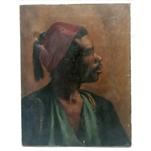 602 - Antique oil on canvas painting of a moor wearing a hat - 46cm x 36cm & has indent to canvas & slight... 