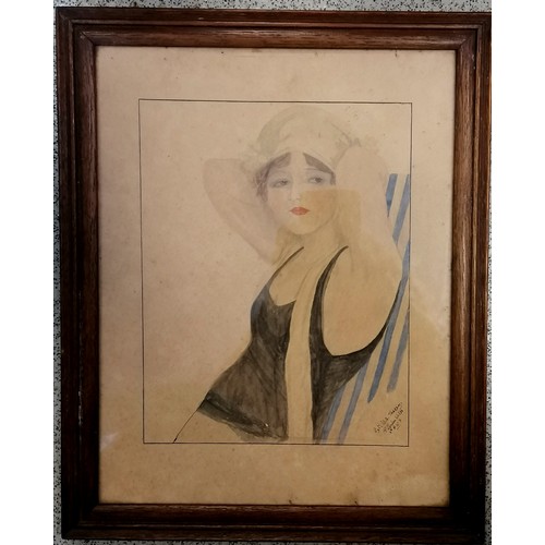 603 - Framed watercolour of a bathing beauty by Sgt W A Tracey, 1st London Welsh, 15th RWF - 33cm x 26.5cm