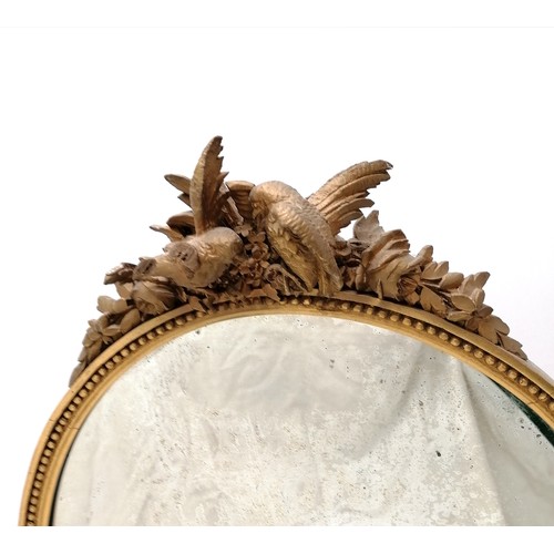 604 - Antique carved wood & gesso mirror on stand with carved bird detail & gilded finish - mirror plate t... 