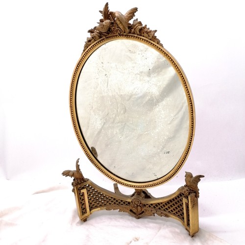 604 - Antique carved wood & gesso mirror on stand with carved bird detail & gilded finish - mirror plate t... 