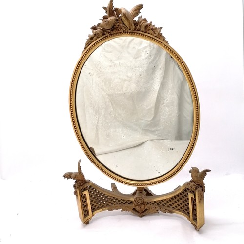 604 - Antique carved wood & gesso mirror on stand with carved bird detail & gilded finish - mirror plate t... 