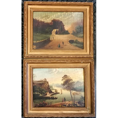 605 - Antique pair of paintings on panel of pastoral scenes in gold painted frames - 50cm x 40cm & slight ... 