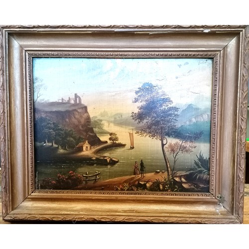 605 - Antique pair of paintings on panel of pastoral scenes in gold painted frames - 50cm x 40cm & slight ... 