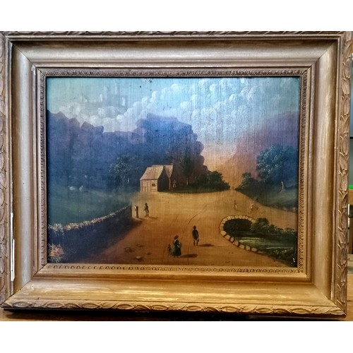 605 - Antique pair of paintings on panel of pastoral scenes in gold painted frames - 50cm x 40cm & slight ... 