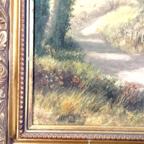 606 - Framed oil painting on metal of a cottage & trees signed Henry W C in a gilt frame - 45cm x 57cm - s... 